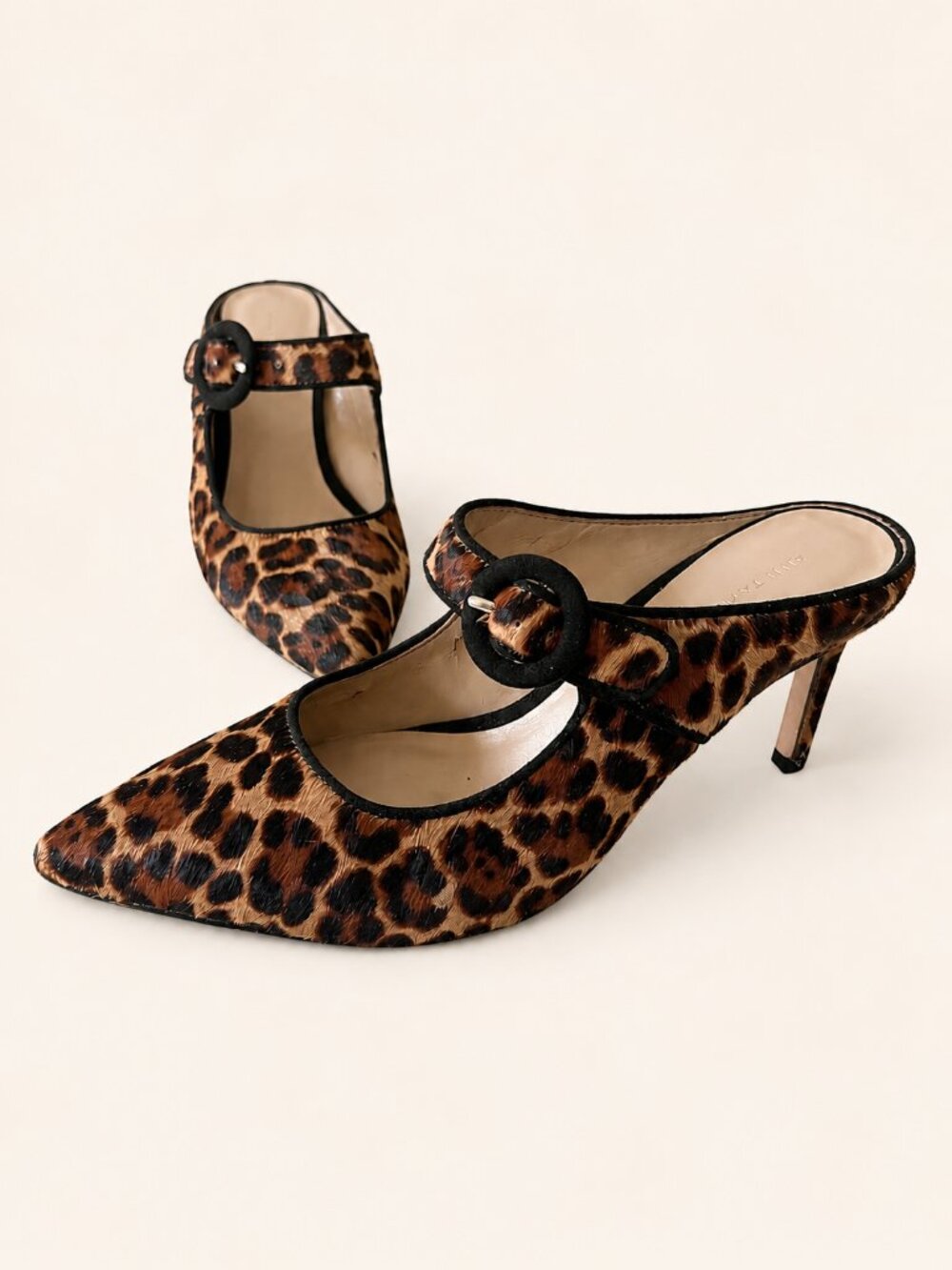 Ann Taylor Leopard Calf Hair Mary Jane Mule Heels Pointed Toe 6.5 Animal Print